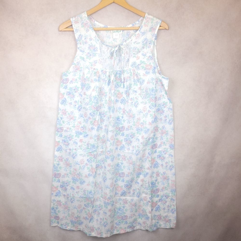 Vintage Spotlight White Floral Sleeveless Slip Nightgown Size Medium